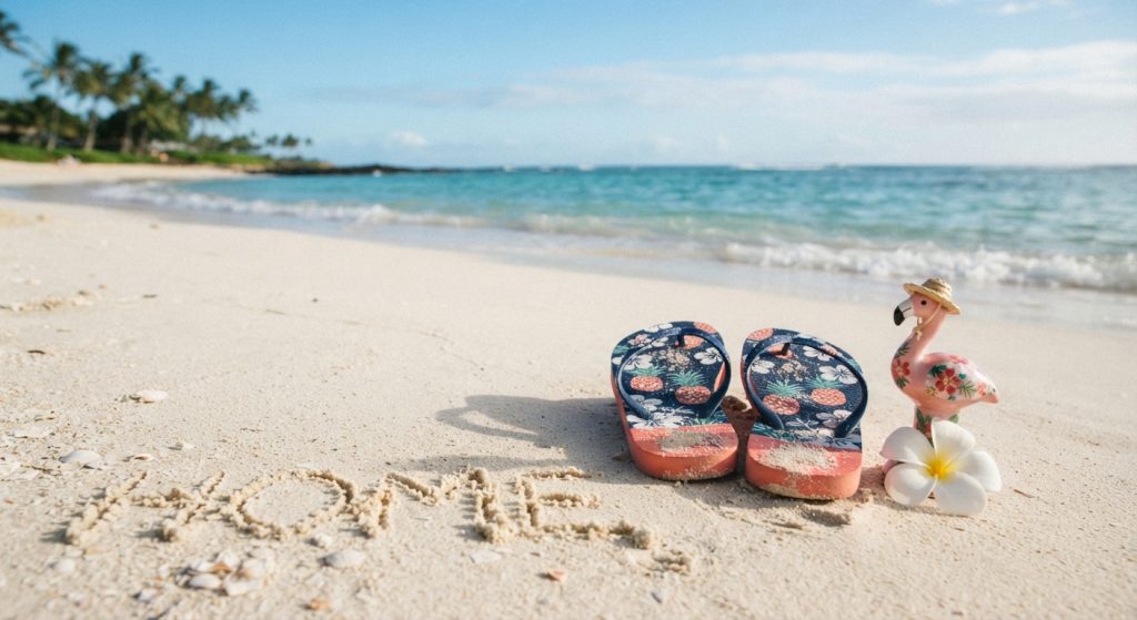 Pineapple flip-flops and a flamingo figurine in a straw hat beside the word HOME written in white sand
