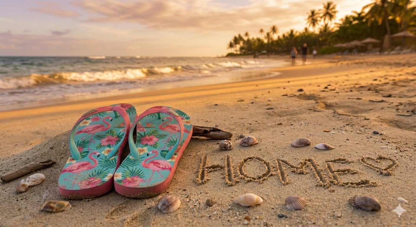 Flamingo flip-flops beside the word HOME and a heart written in the sand at a golden-hour beach